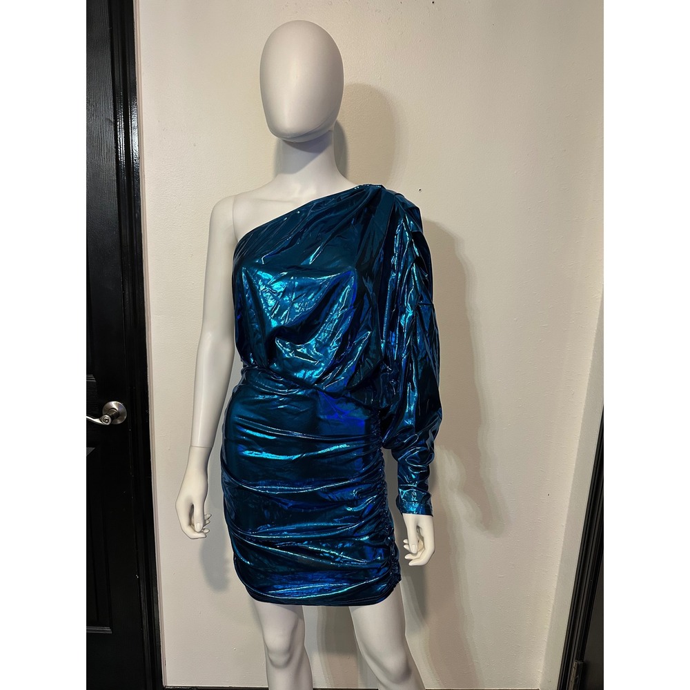 Metallic Blue One Shoulder Ruched Mini Dress Long Sleeve Foil Party Clubwear